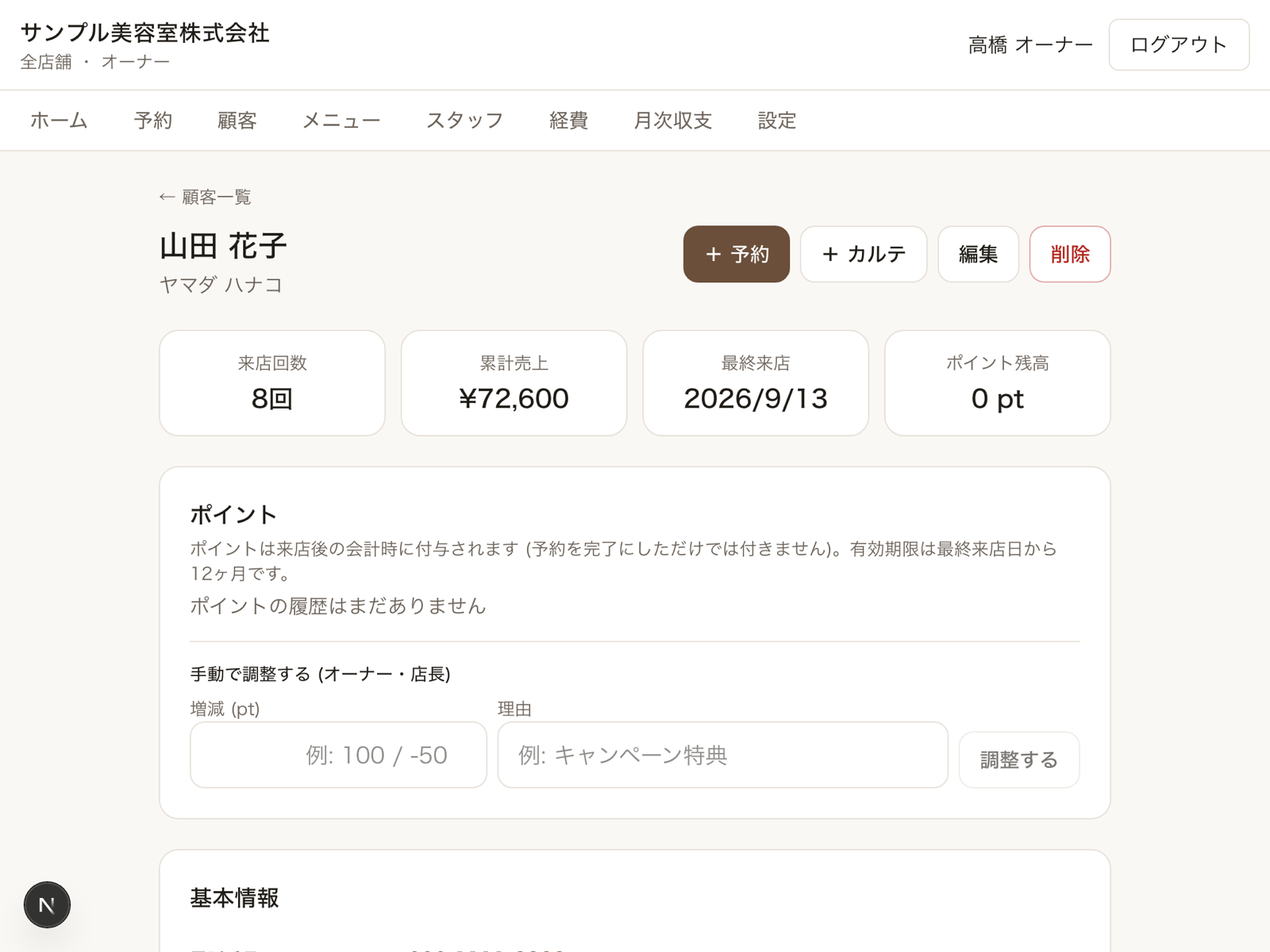顧客詳細(デモデータ)。来店回数・累計売上・ポイント